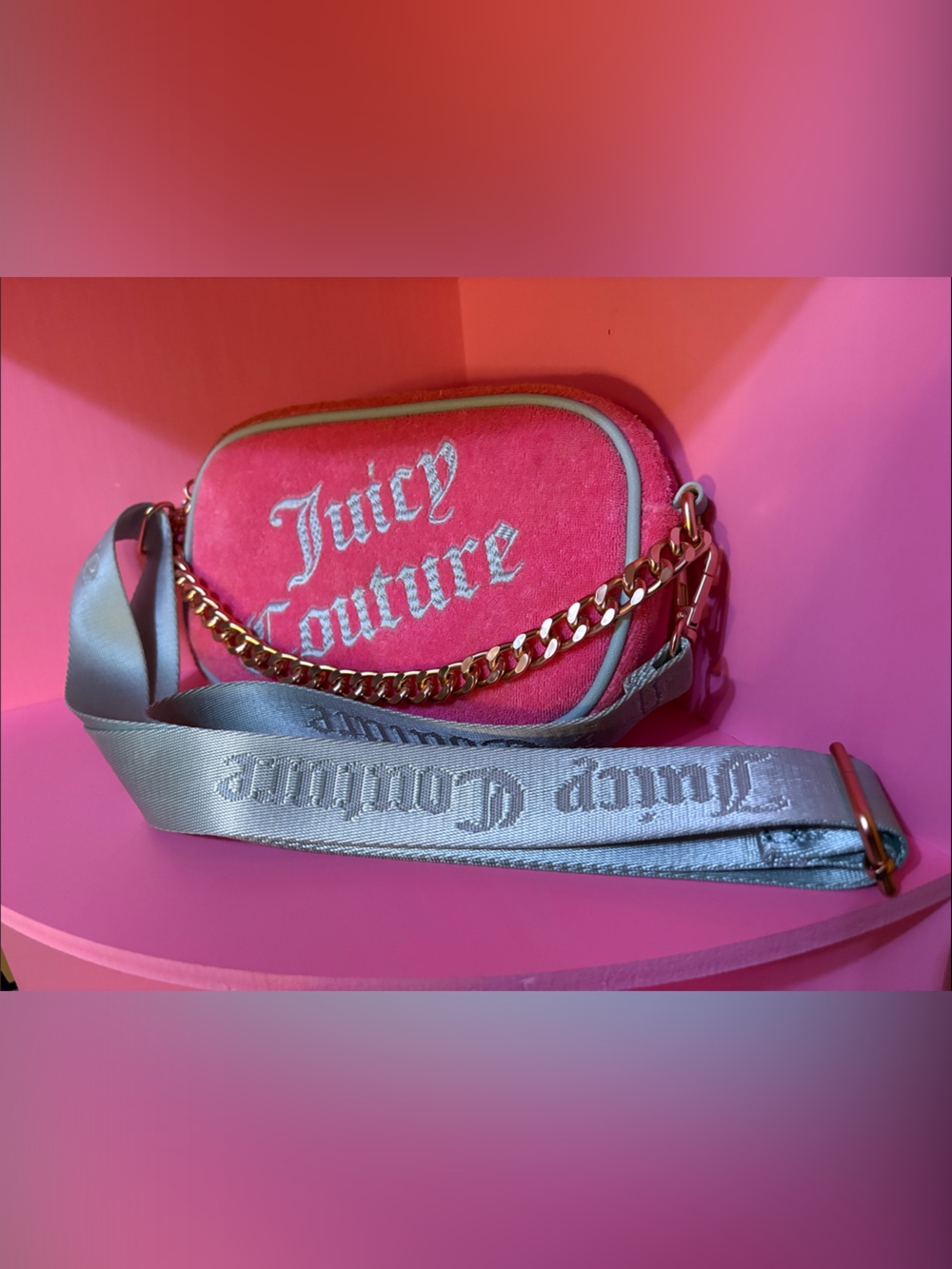 Juicy Couture Hot Pink Velvet Crossbody with Silver Strap & Gold Chain